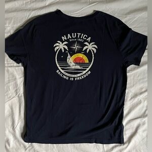 Nautica Men's T-Shirt Large Sailing Is Freedom Graphic Tee Navy Blue Palm Trees